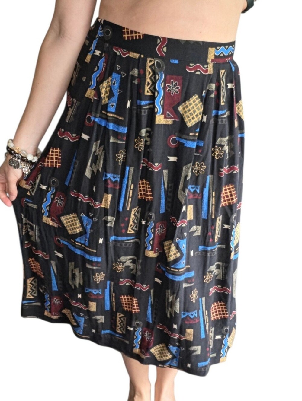 90s VTG Sag Harbor Funky Colorful Geometric Designs 100% Rayon Midi Skirt Medium